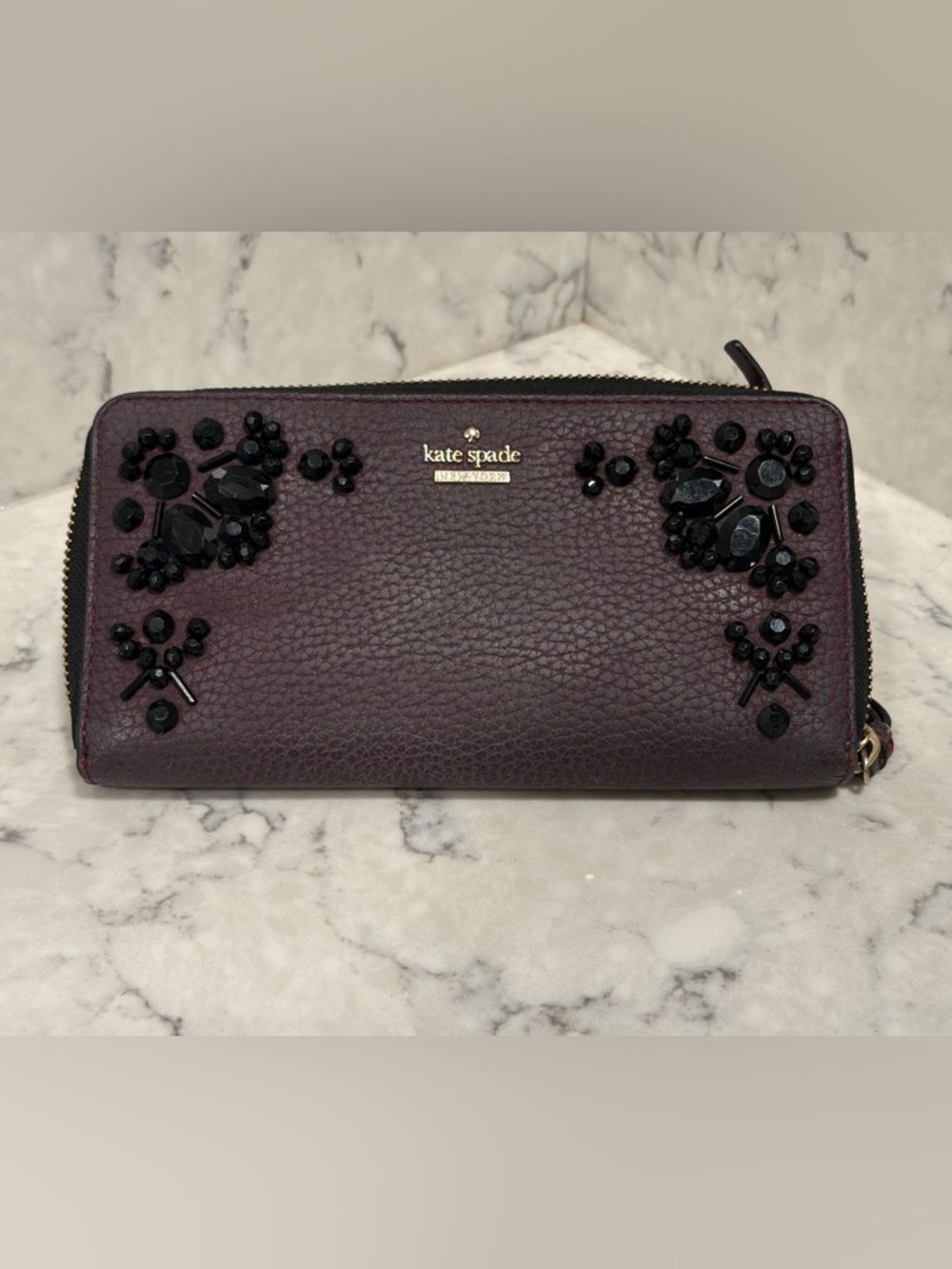 kate spade Plum Pebbled Leather Zip Wallet with Black Beaded Embellishment
